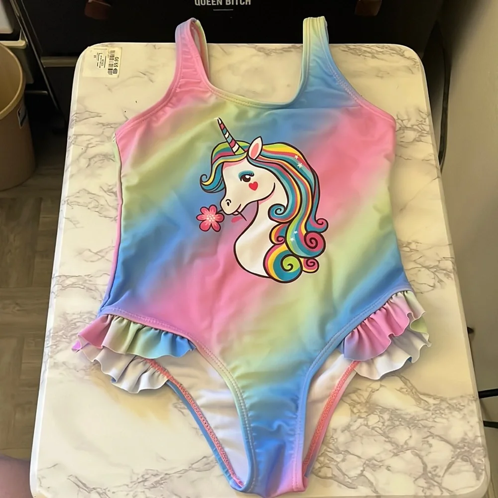 SHEIN Kids Rainbow Pastel Unicorn One-Piece Swimsuit
